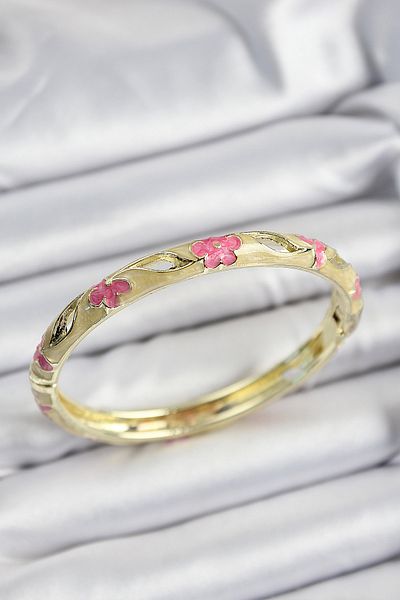 MBB ETİCARET Mineli Brass Pink and Mustard Flower Motif Gold Color Women's Handcuffs - Tj-Bb7369