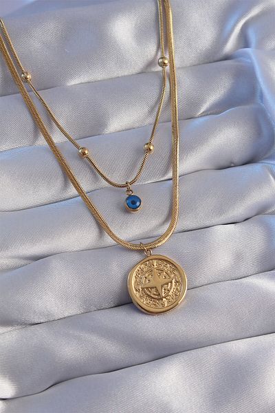 MBB ETİCARET 316L Steel Chain Gold Color Italian Chain 2-Piece Compass Necklace with Evil Eye Beads - TJ-BKO8834