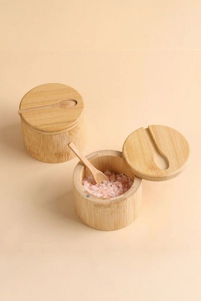 safestore 2-Piece Bamboo Spoon Rotating Lid Spice Box Bamboo Salt and Pepper Shaker Spice Rack