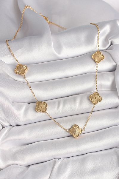 MBB ETİCARET 316L Steel Gold Color Chain Embroidered Clover Model Women's Necklace - Tj-Bko9924