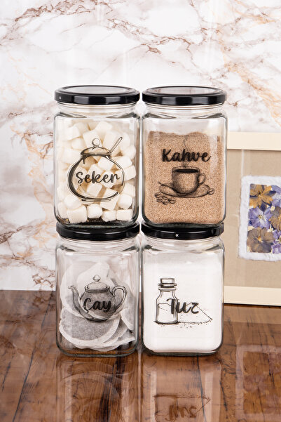 Minya Home 4 Adet Cam Çay Şeker Kahve Saklama Kabı Metal Kapakalı Cam Kavanoz Seti Etiket Hediyeli 720 ml