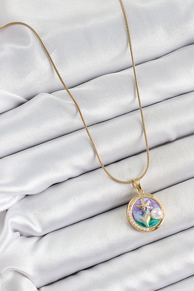 MBB ETİCARET 316L Steel Chain Purple Enamel Artistic Portrait Pearl Detailed Sea Star Gold Women's Necklace