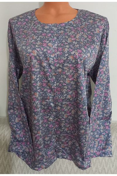 Anne Er Clothing Paper Print Combed Cotton Blouse Long-Sleeve Crew Neck Button Print