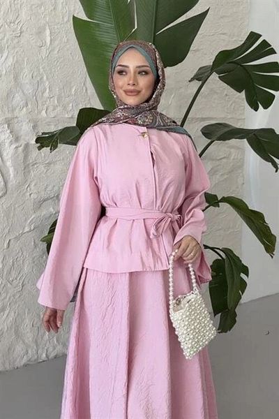 nedo7 Gold Buttoned Skirt Suit Dust Pink