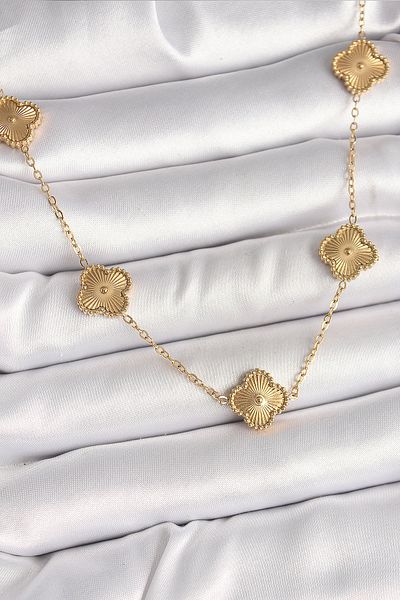 MBB ETİCARET 316L Steel Gold Color Chain Embroidered Clover Model Women's Necklace - Tj-Bko9924