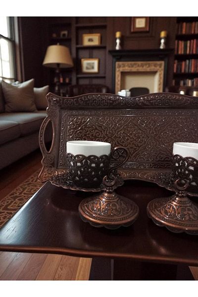 E orient High Quality 2 Person Cup Team Copper Ottoman Patterned Motif Turkish Coffee