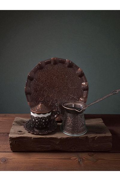 E orient Turkish Greek Arabic Coffee Full Set with 1 Cup Saucer Lids Tray and Copper Coffee Pot
