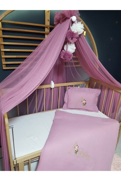 Baby Clime طقم نوم موسلين مطرز - غطاء لحاف 80x120 سم، شبكة ناموسية مع بوم بوم...