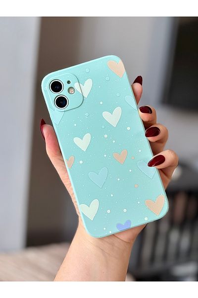 MİRAZ TASARIM iPhone 11 Heart Pattern Water Green Case (12 Looks)