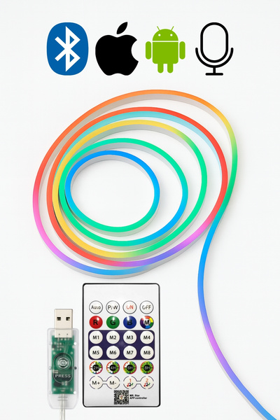 TrendDeco Sese Duyarlı Kumandalı Bluetooth 5 Metre Usb İle Çalışan Pixel Neon Led 6x12 mm Neon Piksel Led Argb