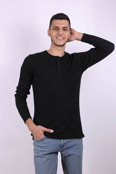 trender Мъжка дългоръкава тениска, черна, 5070, с копчета на яката, вафелна