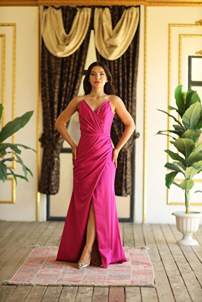 sağlam tasarım Fuşya Saten Kruvaze Elbise