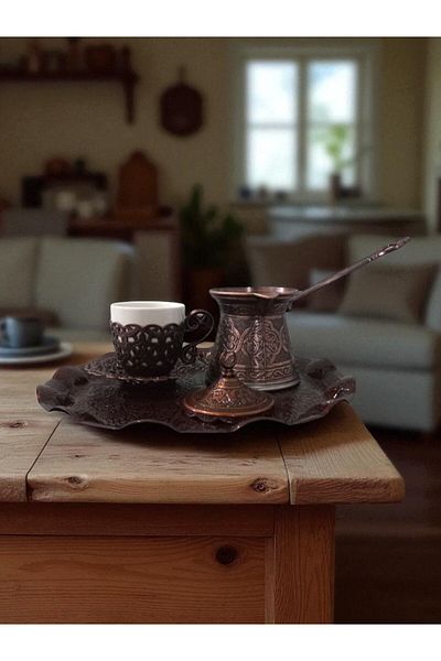 E orient Turkish Greek Arabic Coffee Full Set with 1 Cup Saucer Lids Tray and Copper Coffee Pot