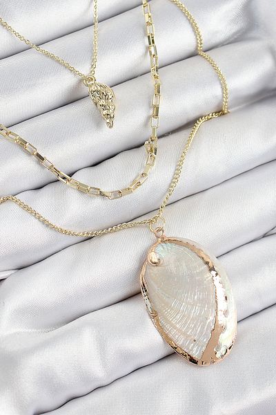 MBB ETİCARET Brass Multiple Chain Oyster Model Gold Color Women's Necklace - Tj-Bko10371
