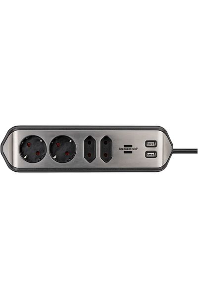 Brennenstuhl Prelungitor de perete/colț Estilo, 4 prize, 2xUSB 3.1 A, H05VV-F 3G1.5, 2m, argintiu/negru