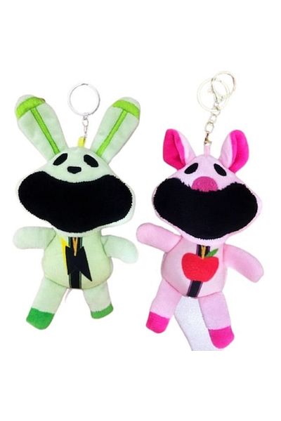Smiling Critters set 2 figurines keychain: Piggy & Hoppy, pink and green, 20cm