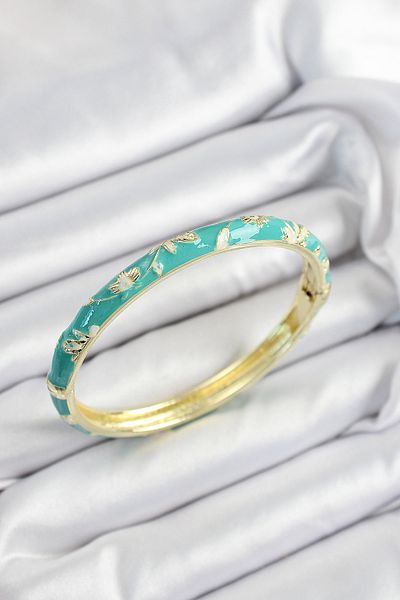 MBB ETİCARET Mineli Brass Green Flower Motif Gold Color Women's Handcuffs - Tj-Bb7442