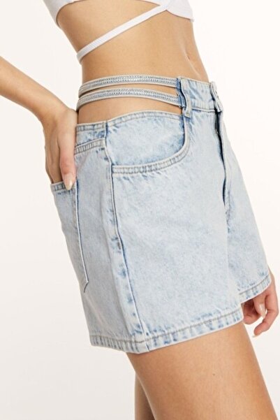 New Yorker Women's Shorts with Gemstone Straps, Cotton, Denim, Size S INTL