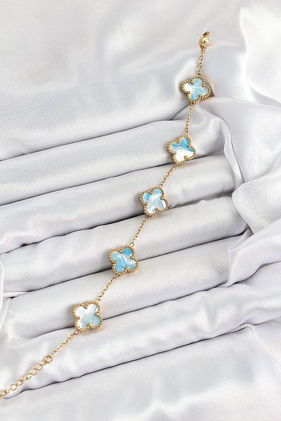 MBB ETİCARET 316L Steel Blue Clover Model Gold Color Women's Bracelet - Tj-Bb7366