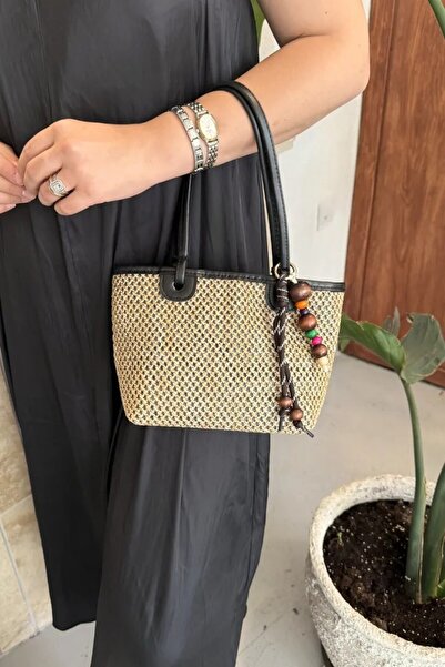 LEONAS Straw Women's Hand and Shoulder Bag Patter Black with Charm Accessories