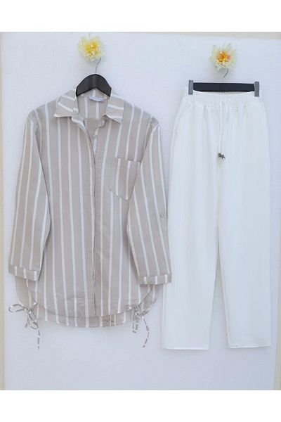 nedo7 Striped Shirt with Side Tie Pockets - Mink
