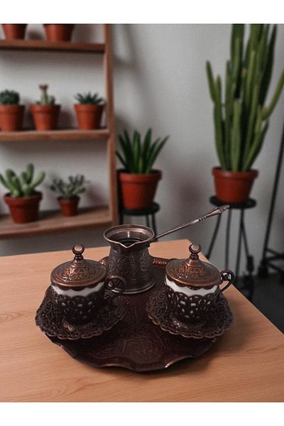 E orient Turkish Greek Arabic Coffee Full Set of 2 Cups with Saucers Lids Sugar Bowl Tray and Copper Coffee Pot,