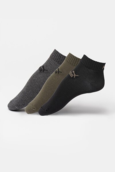 Puma , Set of short unisex socks made of cotton blend with logo - 3 pairs, Black, Dark melange grey,