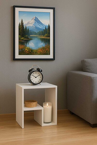 Woody Home Beyaz Dekoratif Sehpa, Yan Sehpa, Kitaplık, 50x45