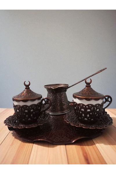 E orient Turkish Greek Arabic Coffee Full Set of 2 Cups with Saucers Lids Sugar Bowl Tray and Copper Coffee Pot,