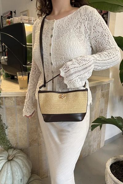LEONAS Buckle Detailed Straw Women's Hand and Cross Shoulder Bag Rowan Bitter Brown