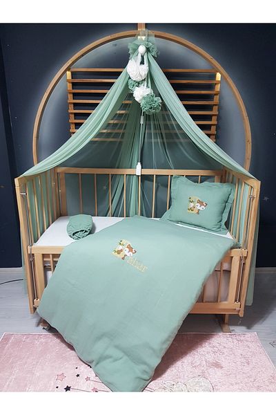 bebek iklimi Embroidered Muslin Sleeping Set - 100X150 cm Duvet Cover, Pompom Mosquito Net, Tulle and Apparatus