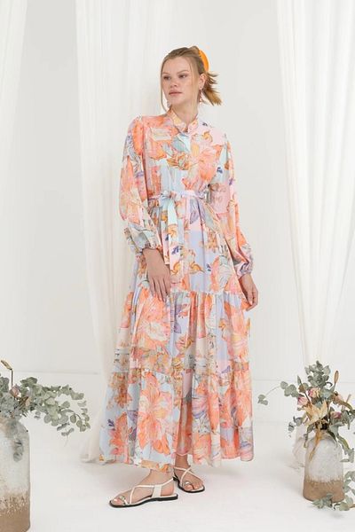 nedo7 Women's Floral Printed Belted Long Dress -12634Elb