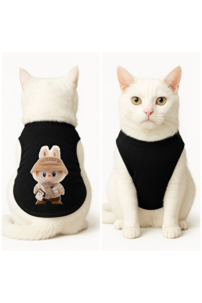 Buddy Store ملابس القطط قميص داخلي أسود مطبوع مقاس L