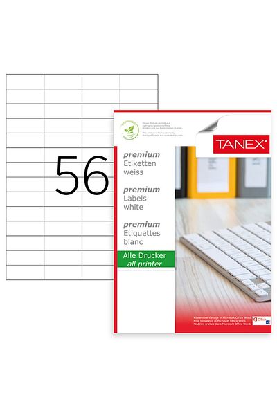 Tanex Set de 5600 etichete autoadezive A4, 100 coli, 56 etichete/coală, 52,5x21,2 mm, colțuri drepte,