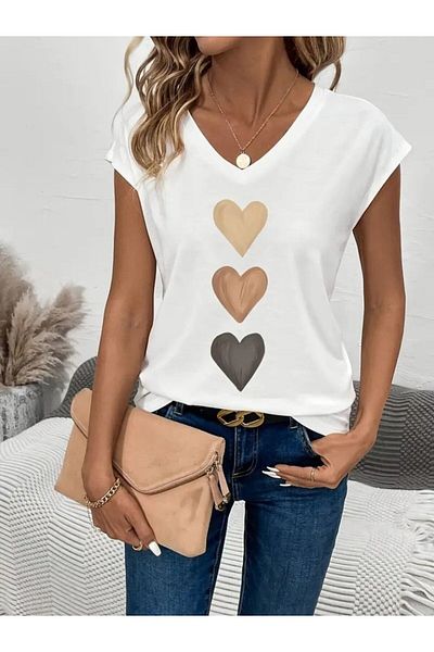 civetta Women's Short Sleeve V Neck Heart Pattern Viscose Blouse