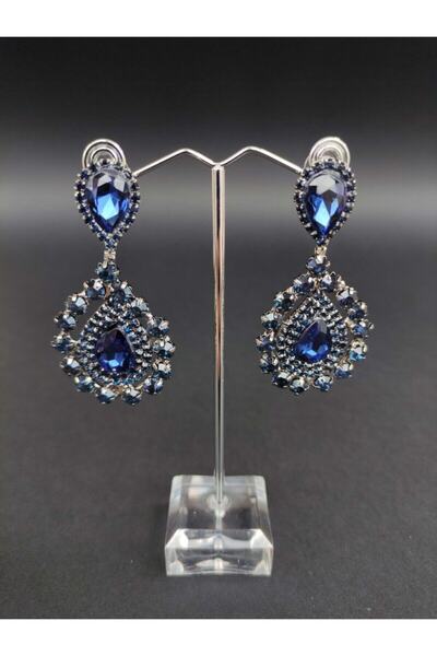 Hobigram Lacivert Taşlı Şık Düğün Kına Küpesi – Kadın Aksesuar Takı Seti Zari...