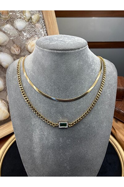 Çelik 18 Ayar Altın Kaplama, Yeşil Baget Taşlı, Çift Zincirli Kolye