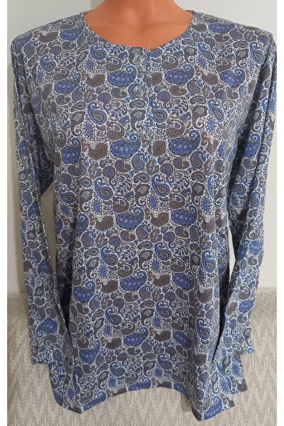 Anne Er Clothing Paper Print Combed Cotton Blouse Long-Sleeve Crew Neck 3 Button Pattern