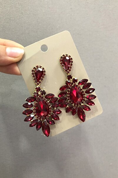 Hobigram Geniş Mekik Bordo Renkli Taşlı Gelin Kına Davet Küpesi – Kadın Akses...