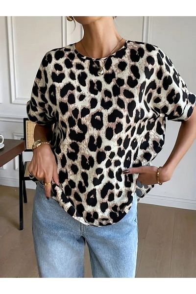 civetta Women's Short Sleeve Crew Neck Leopard Single Jersey Blouse with Bow Detail on the Back