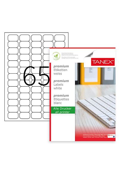 Tanex Set de 6500 etichete autoadezive A4, 100 coli, 65 etichete/coală, 38,1x21,2 mm, colțuri rotunjite, Tanex