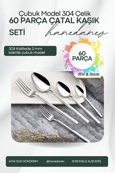 Hanedanev Milano Chopstick Model Spoon Fork Set 60 Pieces Dinner Dessert and Tea Spoon Fork