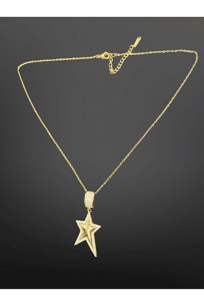 FM Gold Color Star Themed Shiny Zircon Stones 316L Steel Women's Necklace |   Elegant Design