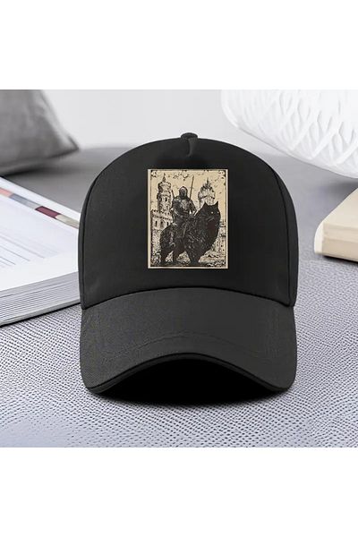 LEIVOR Cat & Knight Printed Black Snapback Hat
