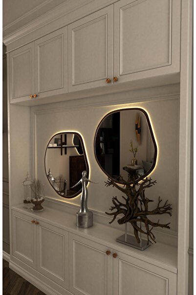 Wallover Design Love Ayna 2'li Set | Ceviz MDF Çerçeveli | Kablosuz LED Işıkl...