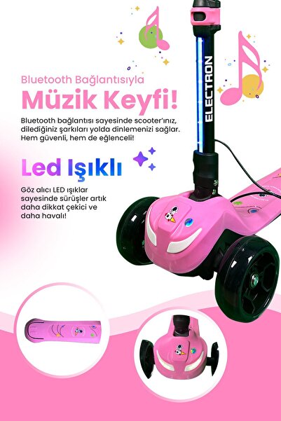 Fable Led Işıklı Hoparlörlü 3 Tekerlekli Yükseklik Ayarlı Elektrikli Çocuk Sc...