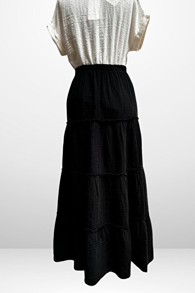 By Saygı Women's Elastic Waist Layered Muslin Long Skirt