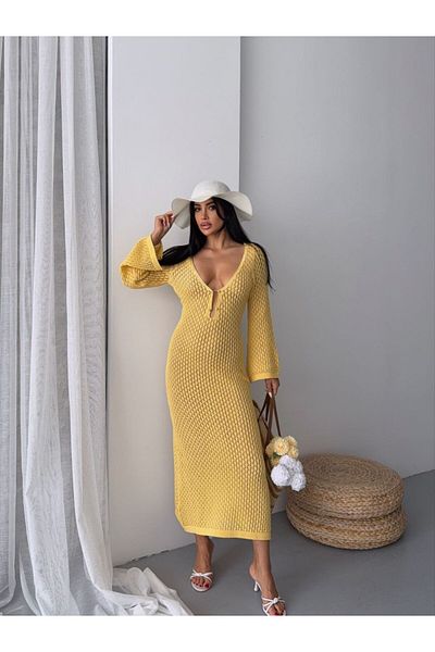 buqre's moda New Degaje Collar Pearl Detailed Openwork Maxi Dress