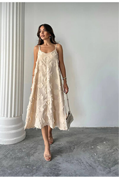 Mint BEJ RENGi PÜSKÜL DETAYLI ASKILI ELBİSE