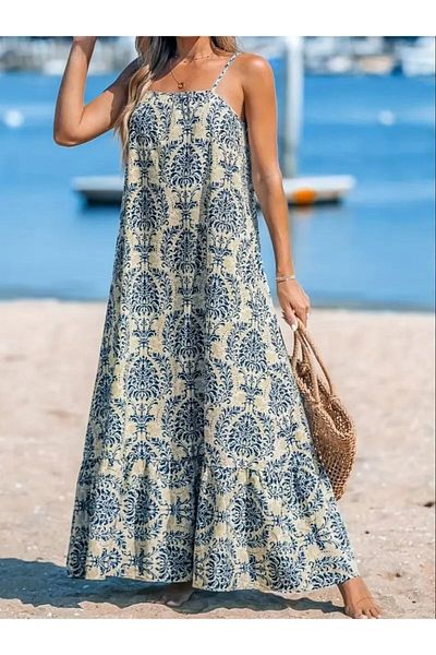 Monapera Patterned Skirt with Strap Flounce Ruffle Detail Dress